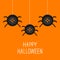 Three cute hanging button spiders on web. Happy Halloween card. Flat design