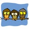 Three cute isolated cartoon birds in a tree branch