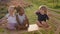 Three Cute Kids Sitting On Wooden Slide. Black And White Girls.