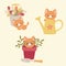 Three cute kittens with garden equipment: watering can, flower pot and a bucket with flowers