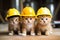 Three cute kittens in a hard hat on the floor. Selective focus. A group of small kittens wearing construction hats, AI Generated