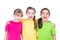 Three cute little cute smiling girls in colorful t-shirts.