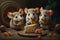 three cute mice, each with a piece of cheese and enjoying a feast
