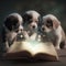 Three cute puppies reading magic book about bedtime stories