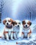 Three cute puppies sitting in snow