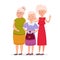 Three cute senior women friends standing together vector flat illustration. Aged ladies cartoon characters smiling and