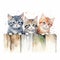 Three cute watercolor cats standing behind a fence