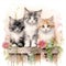 Three cute watercolor cats standing behind a fence