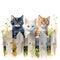 Three cute watercolor cats standing behind a fence