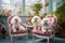 three cute white dogs on pink chairs in a grooming salon