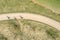 Three cyclists cycling over soil bicycle path enjoying good weather. aerial view