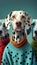 Three Dalmatian dogs wearing colorful sweaters with spots taking a selfie