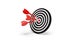 Three dart arrows hitting center of goal target over white background, success, goal achievement or performance concept