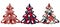 Three decorative Christmas trees on a checkered red background. Can be used as a decorative element, magnets, stickers, cut out