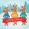 Three deer on the background. Winter forest landscape. Postcard Merry Christmas.