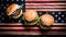 three delicious burgers against the backdrop of an American flag - Generative AI