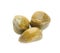 Three delicious pickled capers on white background, top view