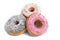 Three delicious and tempting donuts with different flavour donuts and toppings sugar sweet addiction concept