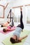 Three delighted girls having group workout