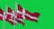 Three Denmark national flags waving isolated on a green background