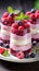 Three desserts with raspberries and blueberries on a plate, Valentine's day desserts.