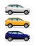 Three different colors cars on white background. Luxury offroad vehicles, white, yellow, blue. Realistic crossover