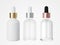 Three different cosmetic serum dropper bottles 3D render, care product packaging