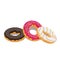 Three different donuts glazed on a white isolated background. Vector image
