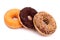 Three different donuts on white background