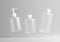 Three different frosted glass cosmetic product floating bottles set template on gray background 3D render