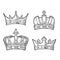 Three different king crowns. Engraving vintage vector black illustration