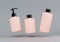 Three different pink plastic cosmetic product floating bottles set template on gray background 3D render