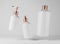 Three different white plastic bottles for hair and body care products 3D render, set of floating cosmetic containers on