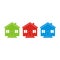 Three differently colored houses, icon, sign or logo