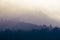 Three diffuse levels of mist pervaded by mountain forest as a background