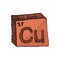 Three-dimensional hand drawn chemical symbol of metal copper or cuprum with an abbreviation Cu from the periodic table.