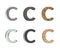 Three dimensional letter C with six types of textures - metal, rust, brass, glass, black plastic, pine wood