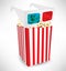 Three dimensional movie glasses and popcorn