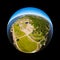 A three dimensional panoramic aerial view of Katariina Seaside Park in a mini planet panorama style., Kotka, Finland