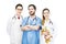 Three doctors group portrait modern clinic frontal team