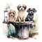 Three dogs in a basket painting illustration