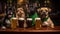 Three dogs sitting on a bar with glasses of beer, AI