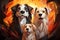 three dogs are standing in front of a fire
