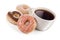 Three Donuts and a Large Mug of Black Coffee or Tea