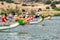 Three Dragon boats on the start line