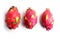 Three dragonfruits in a row isolated on white background. Horizontal image. Flat lay