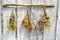 Three dried bouquet of flowers hanging on driftwood