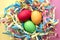 Three dyed Easter eggs in a colorful nest on mixed pink and yellow background. Top view.