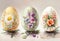 Three Easter eggs with floral decorations, watercolor, warm colors, AI generated