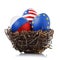 Three Easter eggs in a nest painted in colors of flags of Russia, America and the European Union,